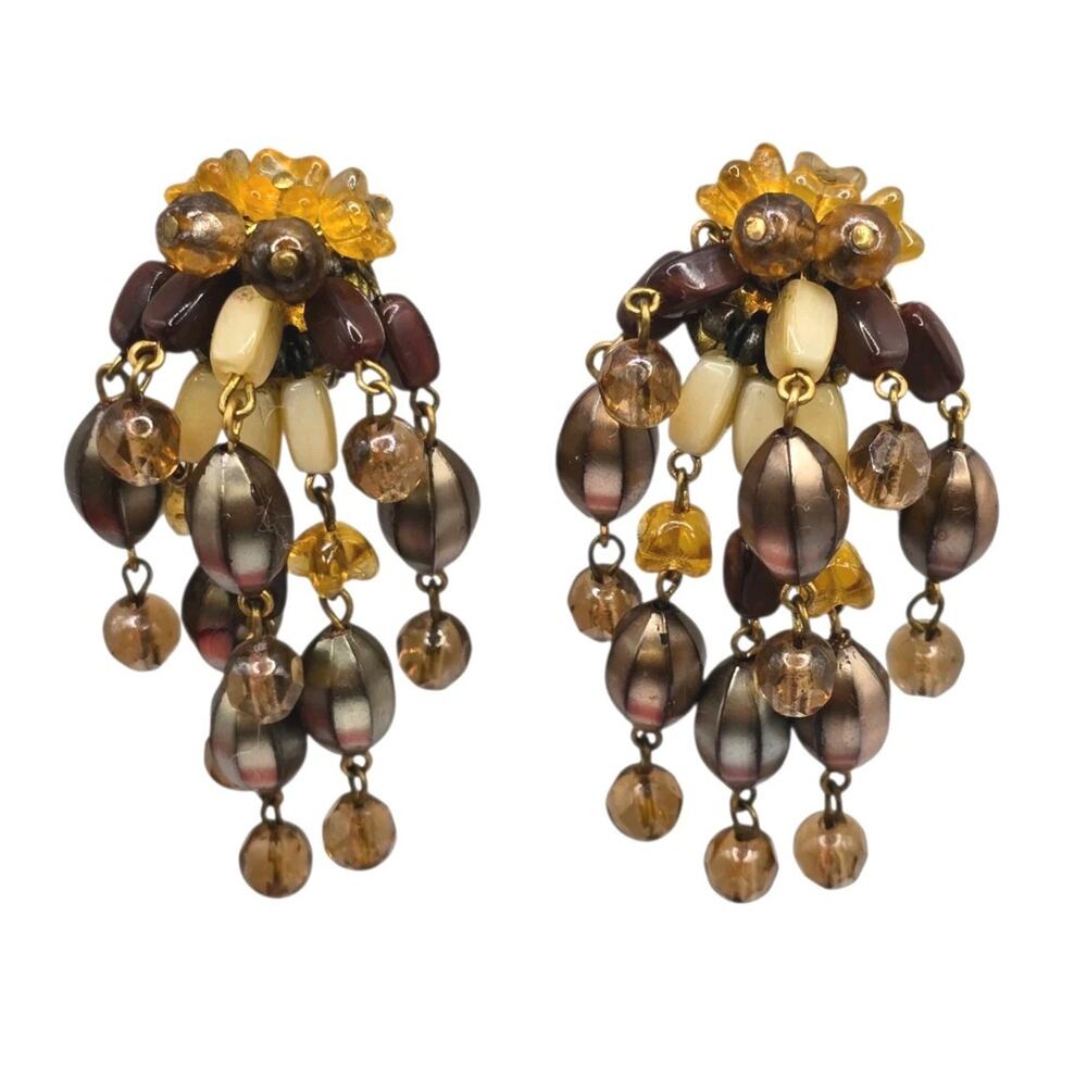 Earrings W Germany Drippy Cascade Beaded Style Clip On Hand Wired Cluster SK3189